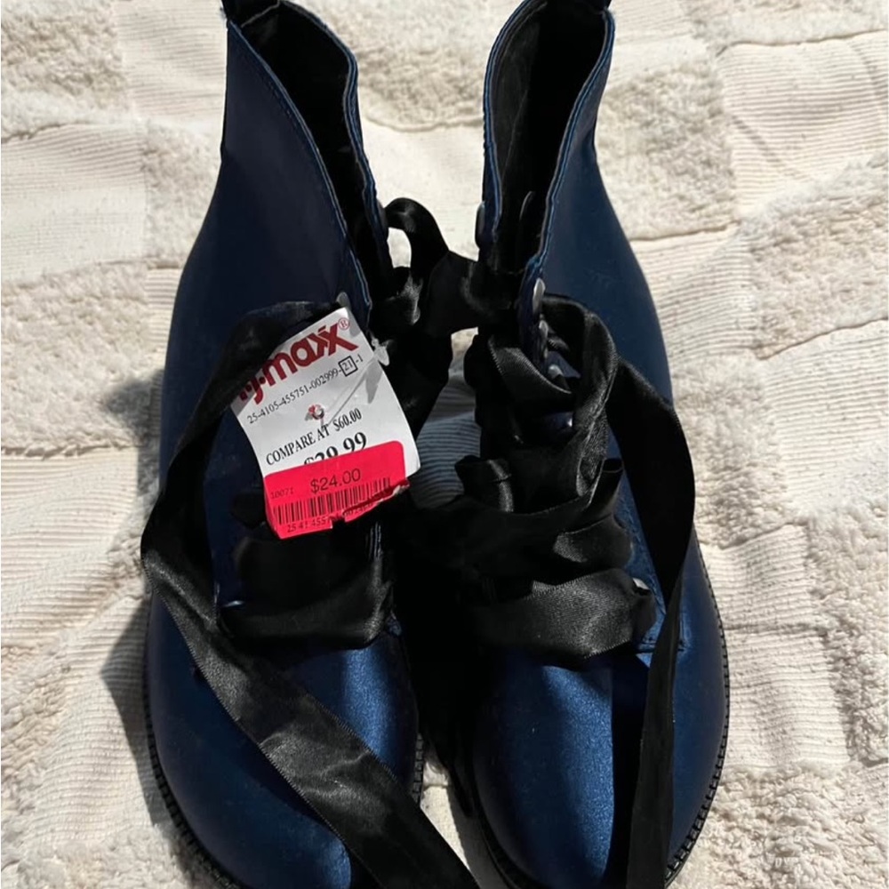 Blue Satin Boots with Black Ribbon Laces NWT - Picture 2 of 7